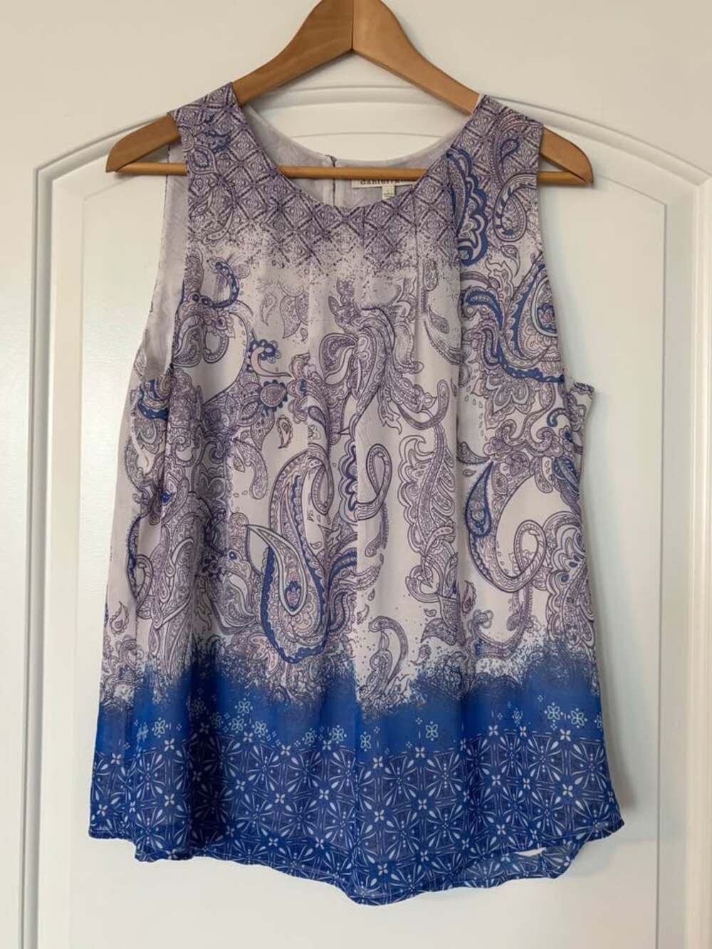 Daniel Rainn Sleeveless Chiffon Blouse L Large Purple Paisley Blue Border Lined